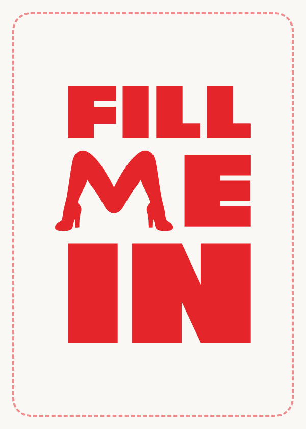 FILL ME IN card back, red logo on cream